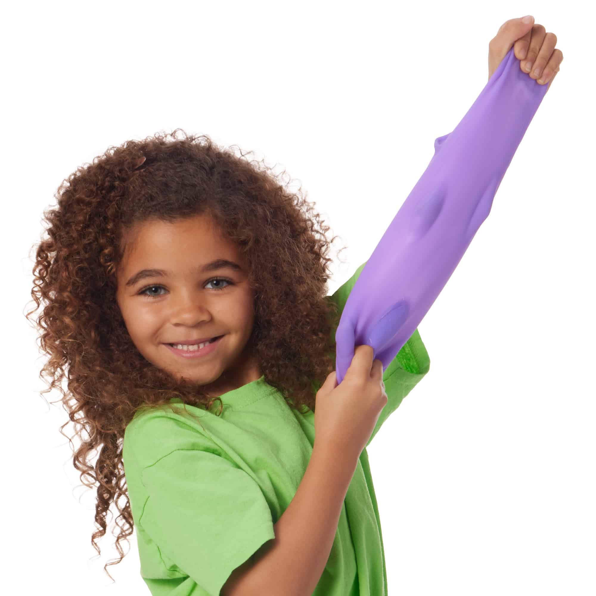 NeeDoh Super Cool Cats A4 - Lifestyle with girl stretching purple Super Cool Cat