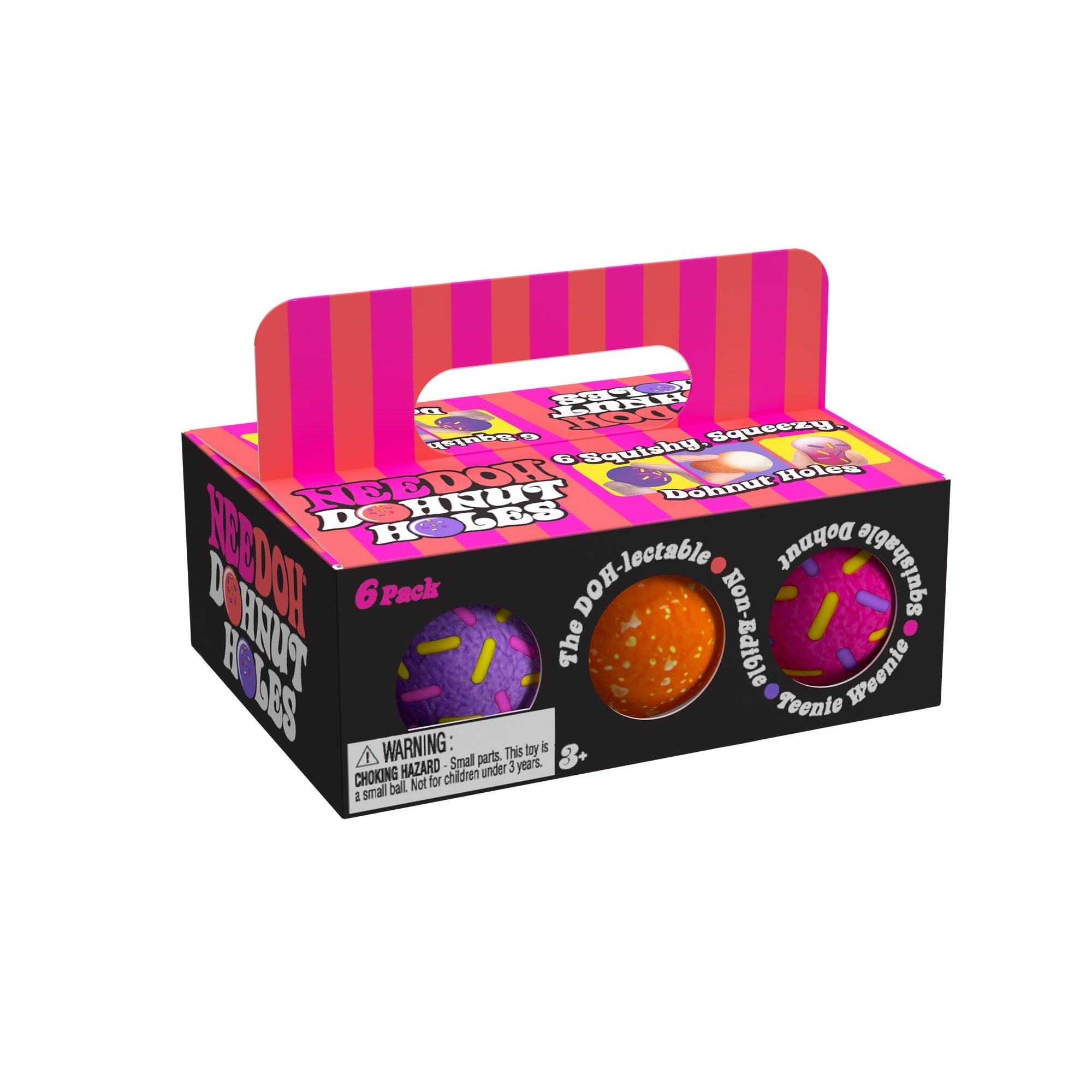 A box of 'NeeDoh Dohnut Holes V6' sensory balls, designed to look like a 6-pack of donut holes. The packaging is black with pink and orange stripes on the handle and top. The front of the box features images of two sensory balls: one purple with pink and yellow sprinkles, and one orange with white sprinkles. The text on the box includes phrases like 'The DOH-lectable', 'Squishable', 'Non-Edible', and 'Teenie Weenie'. There is a warning label indicating the toy is for ages 3 and up due to small parts.