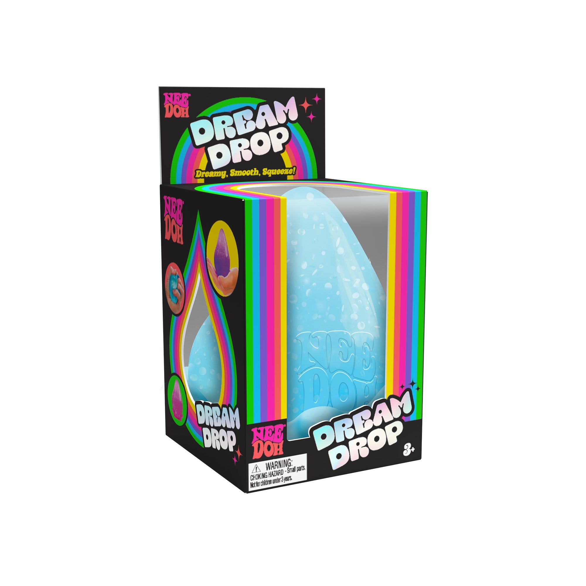 A NeeDoh Dream Drop P8 in its packaging. The packaging is primarily black with rainbow-colored accents and text that reads "Dream Drop P8" and "NeeDoh". The toy inside is a blue, drop-shaped, squeezable item. Suitable for ages 3 and up.