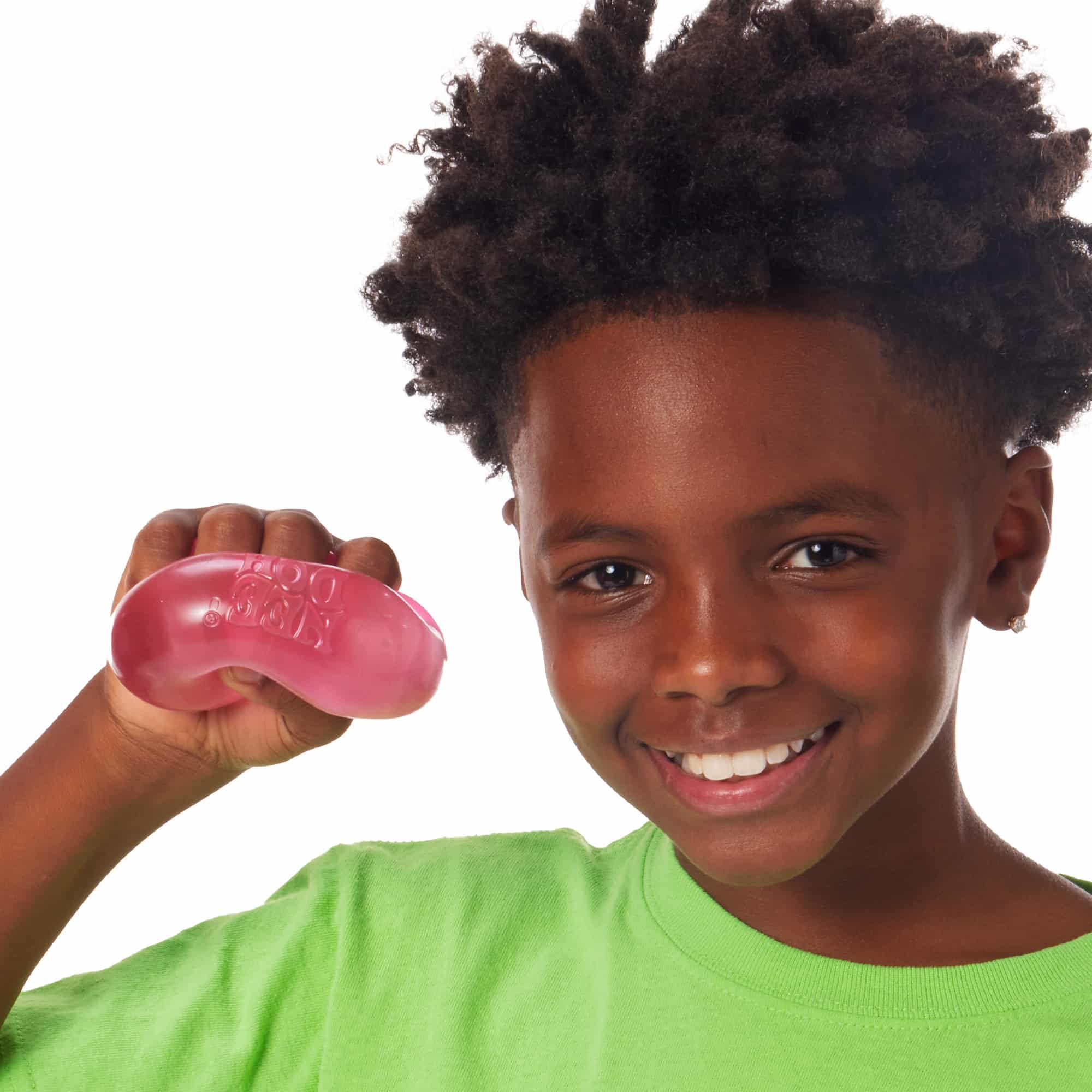 NeeDoh Nice Cube P2 Lifestyle of boy squeezing pink Nice Cube P2