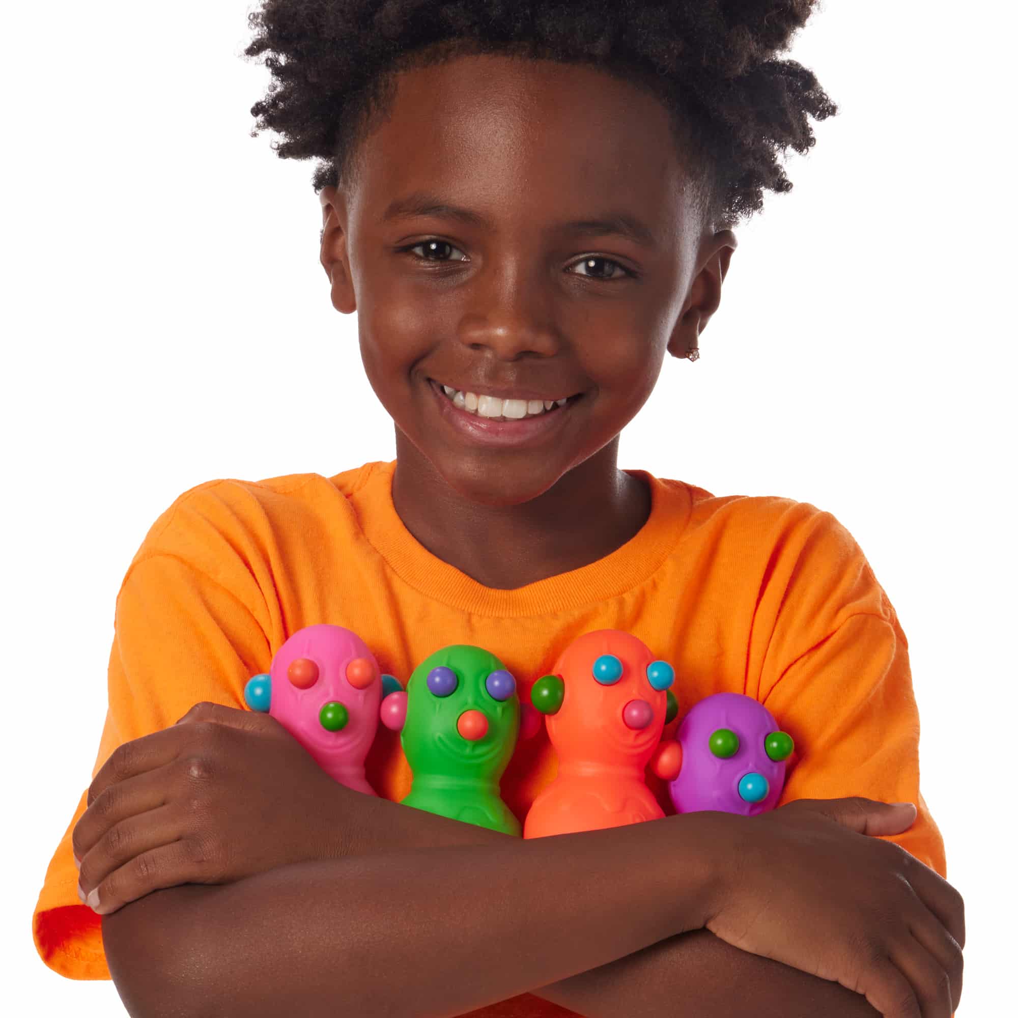 NeeDoh Panic Pete R4 Lifestyle with boy hugging all 4 Panic Pete R4 colors