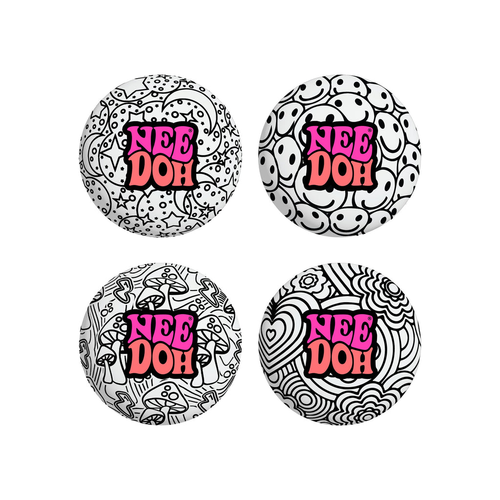 Four different black-and-white patterned NeeDoh Press-Doh R9 sensory squish balls. Patterns include mushrooms, smiley faces, flowers, and stars. Text on each reads "NeeDoh".