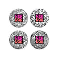 Four different black-and-white patterned NeeDoh Press-Doh R9 sensory squish balls. Patterns include mushrooms, smiley faces, flowers, and stars. Text on each reads "NeeDoh".