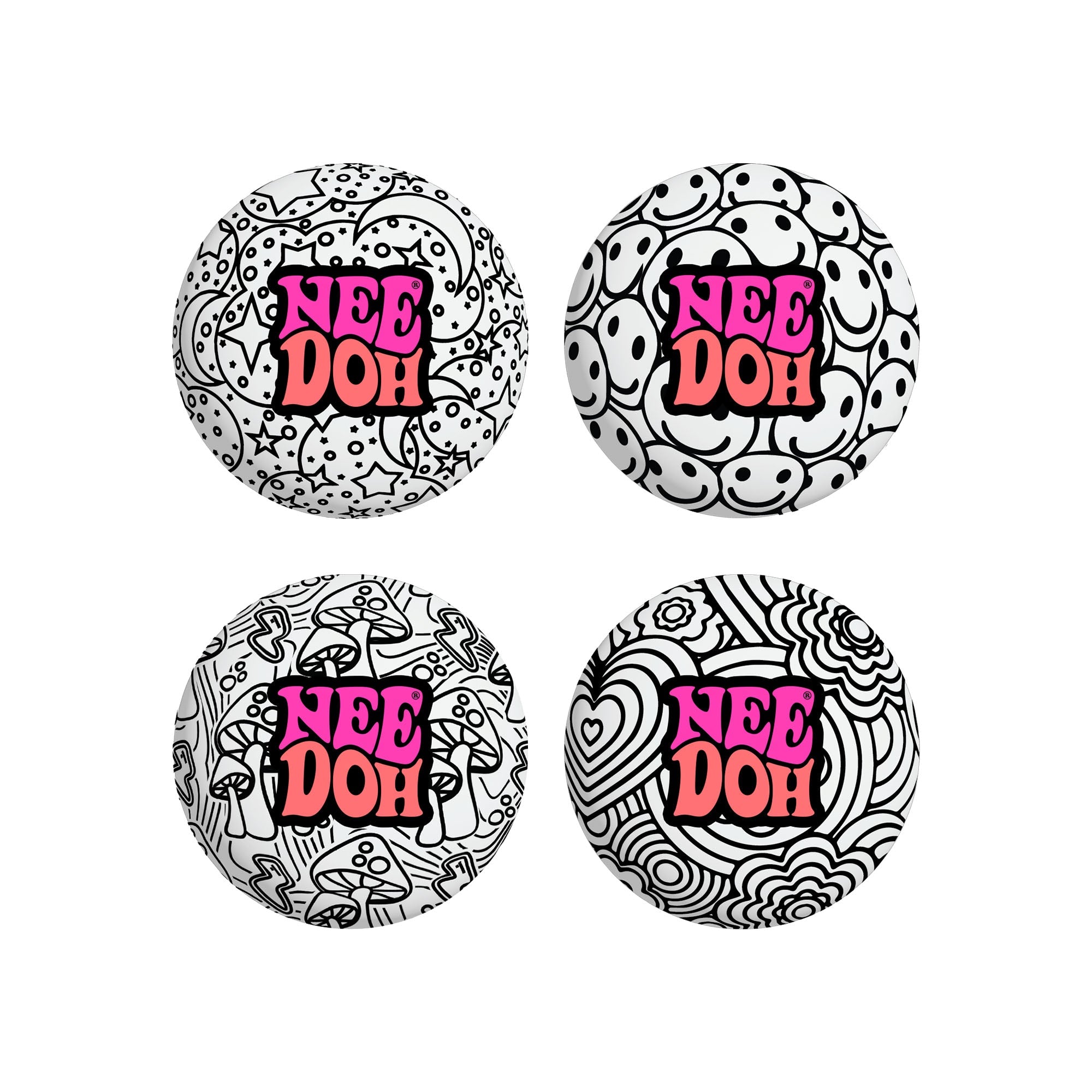 Four different black-and-white patterned NeeDoh Press-Doh R9 sensory squish balls. Patterns include mushrooms, smiley faces, flowers, and stars. Text on each reads "NeeDoh".