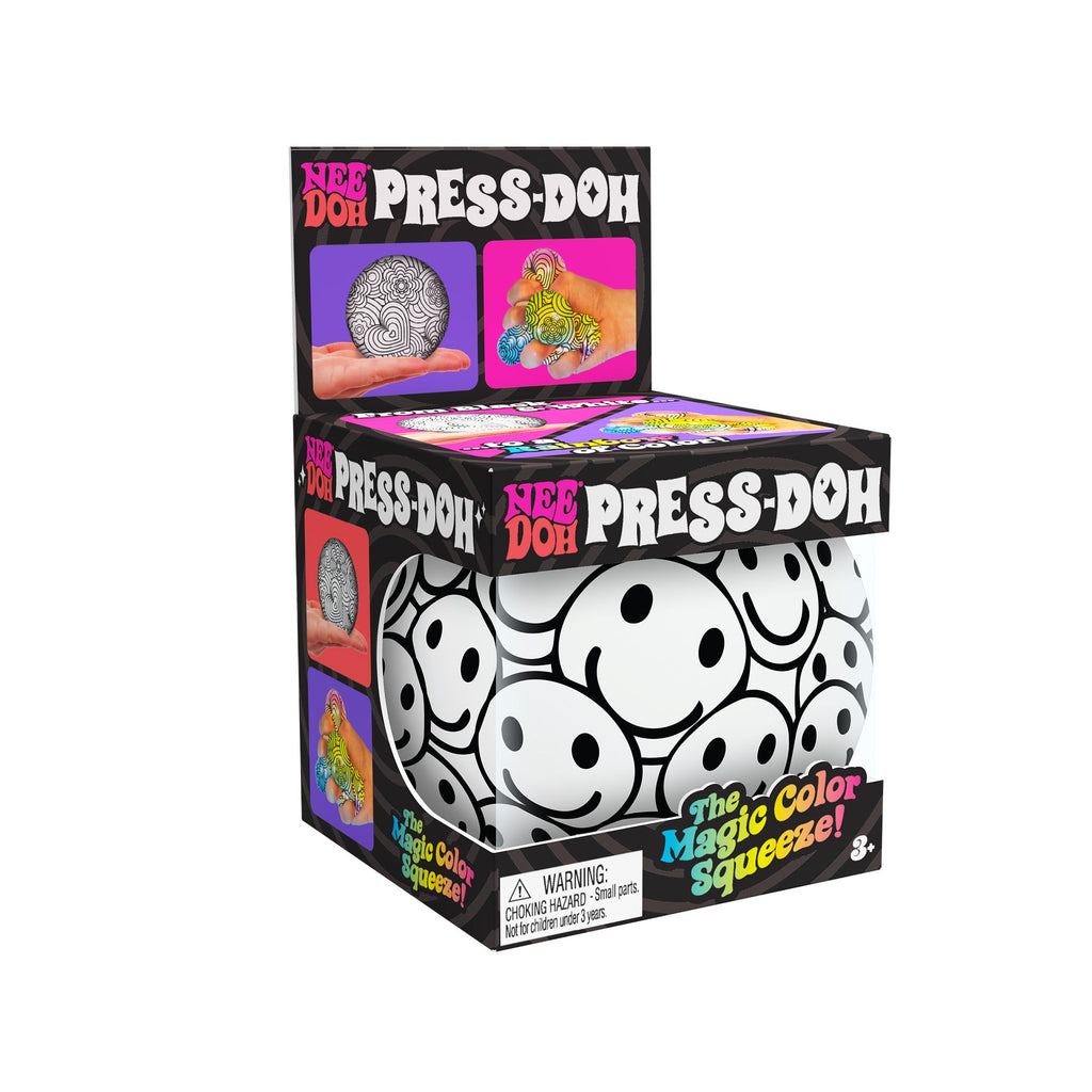 Packaging of the NeeDoh Press-Doh R9 with vibrant text and images. It features the tagline, "The Magic Color Squeeze!" A warning about the choking hazard for small parts is visible at the bottom. Suitable for ages 3+.