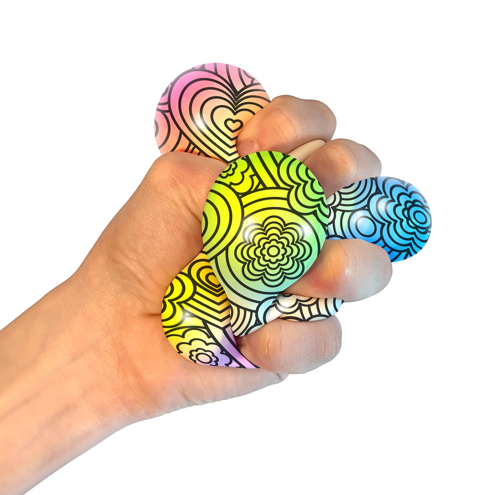 A hand squeezing a NeeDoh Press-Doh R9. The colorful doh is visible through the white and black designs of the exterior.